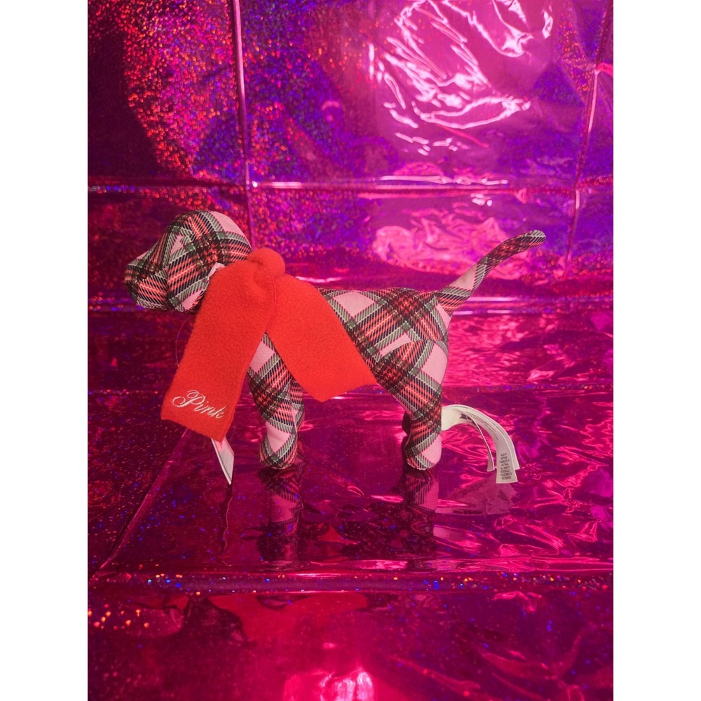 Victoria's Secret PINK Plaid Mini Pink Red Stuffed Holiday Dog NWT
